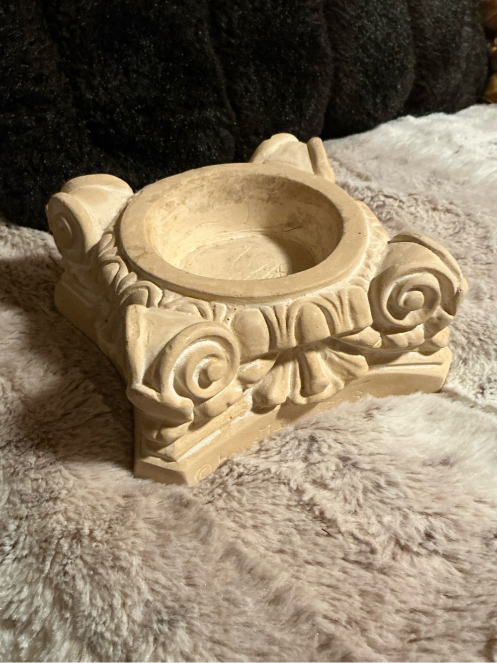 Carved Cream Decorative Resin Bowl with Scroll Motif